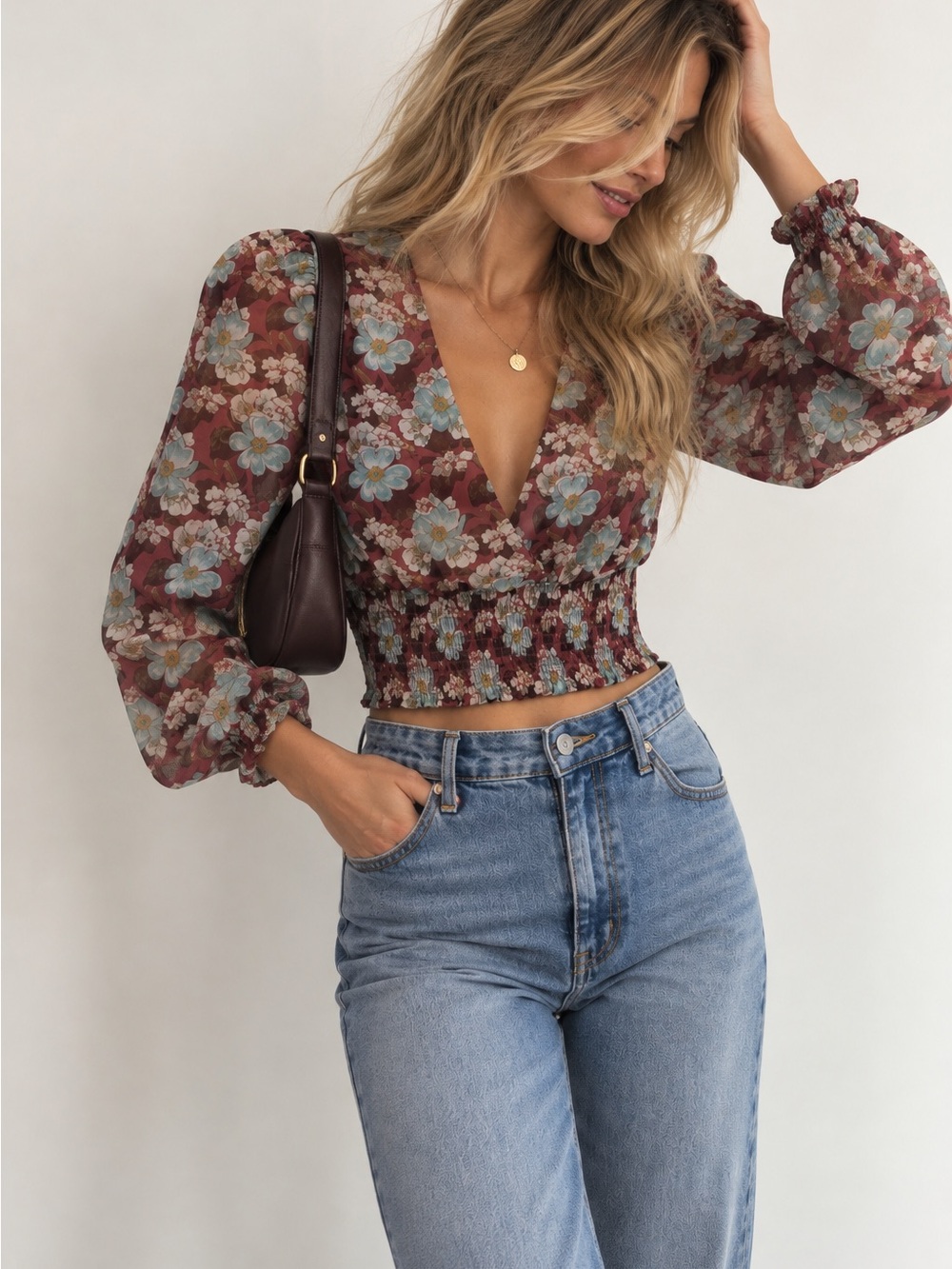 Wilfred Aritzia Wistful Floral Chiffon Smocked Crop Blouse Puff Sleeve XS